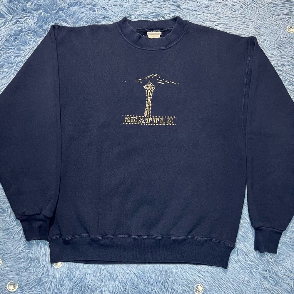 VINTAGE Seattle Space Needle Crewneck Sweater Large Mens Blue Rhinestone
